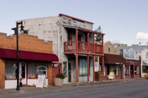 Historic buildings on a street in Isleton in the Sacramento-San Joaquin Delta.