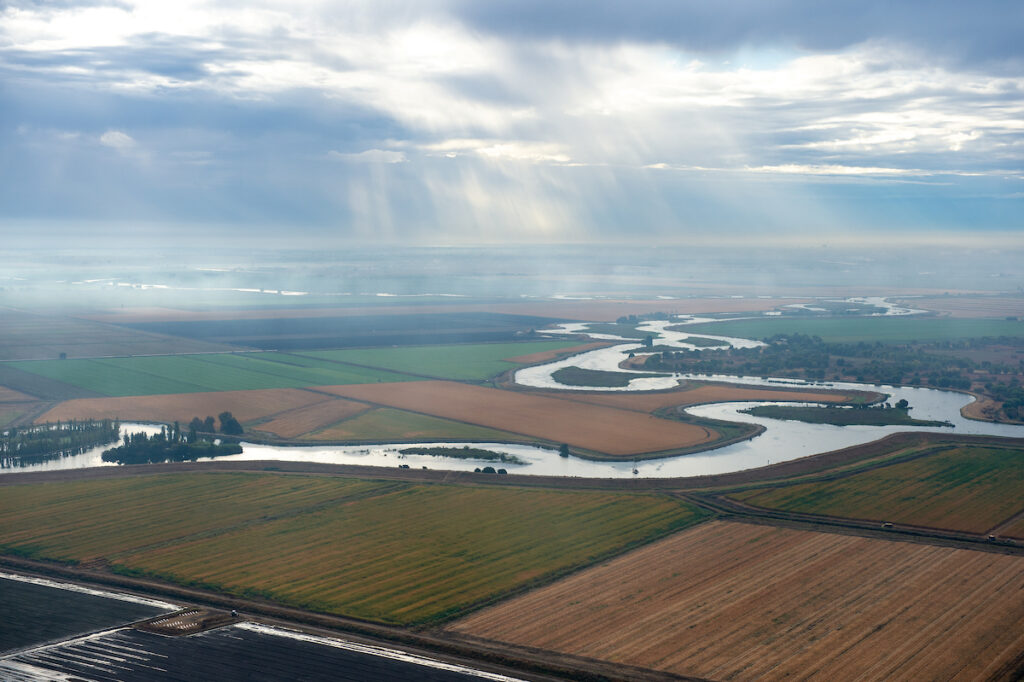 Aerial view of farmland and waterways in the Sacramento-San Joaquin Delta.