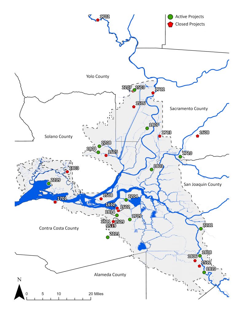 Map shows the locations of funded projects through the Sacramento-San Joaquin Delta Conservancy’s Proposition 1 Grant Program within the Legal Delta and Suisun Marsh. Major waterways such as the Suisun Bay, Sacramento River, and San Joaquin River are shown in blue.