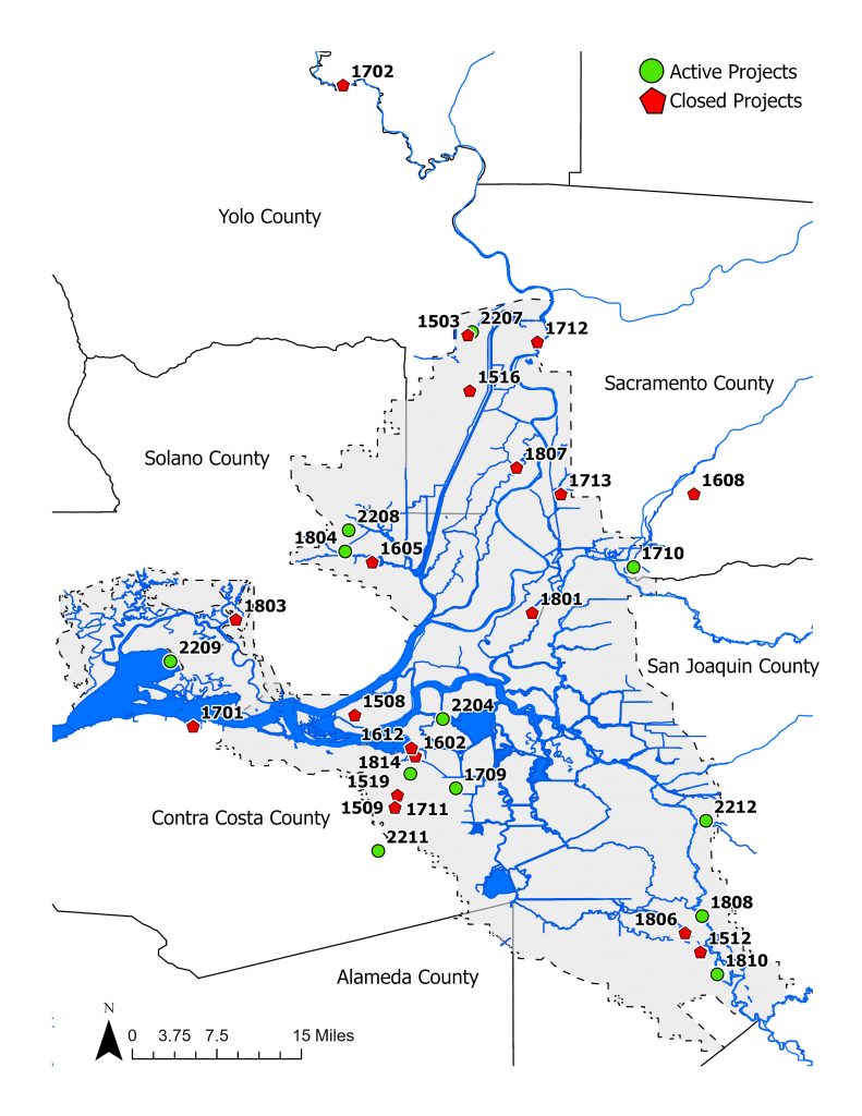 Map shows the locations of funded projects through the Sacramento-San Joaquin Delta Conservancy’s Proposition 1 Grant Program within the Legal Delta and Suisun Marsh. Major waterways such as the Suisun Bay, Sacramento River, and San Joaquin River are shown in blue.