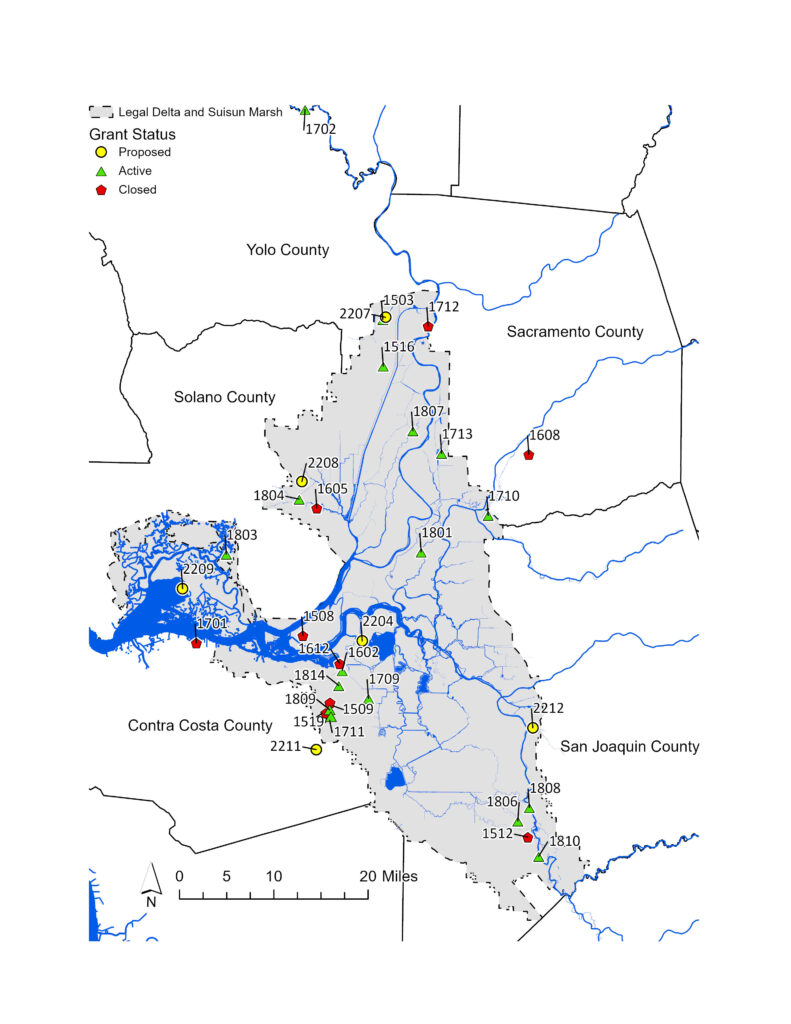 Map shows the locations of projects through the Sacramento-San Joaquin Delta Conservancy’s Proposition 1 Grant Program within the Legal Delta and Suisun Marsh. Major waterways such as the Suisun Bay, Sacramento River, and San Joaquin River are shown in blue. (Click the map to enlarge)