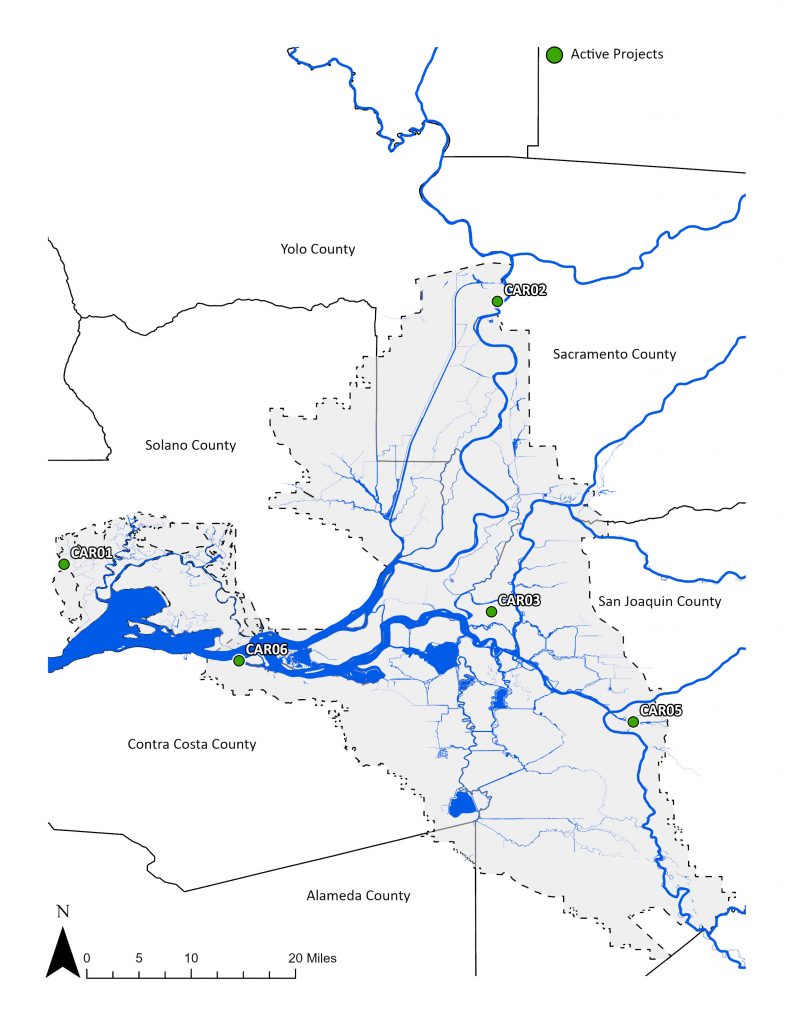 Map shows the locations of projects through the Sacramento-San Joaquin Delta Conservancy’s Climate, Access, and  Resource funding within the Legal Delta and Suisun Marsh. Major waterways such as the Suisun Bay, Sacramento River, and San Joaquin River are shown in blue.