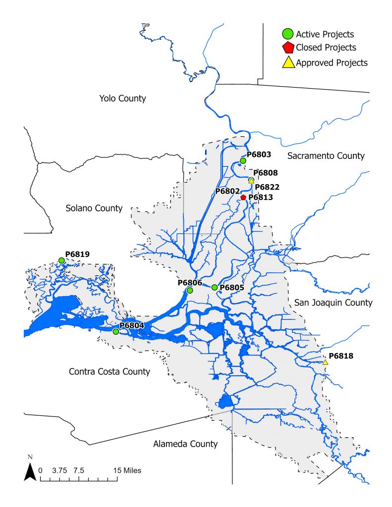 Map shows the locations of projects through the Sacramento-San Joaquin Delta Conservancy’s Proposition 68 Grant Program within the Legal Delta and Suisun Marsh. Major waterways such as the Suisun Bay, Sacramento River, and San Joaquin River are shown in blue. 