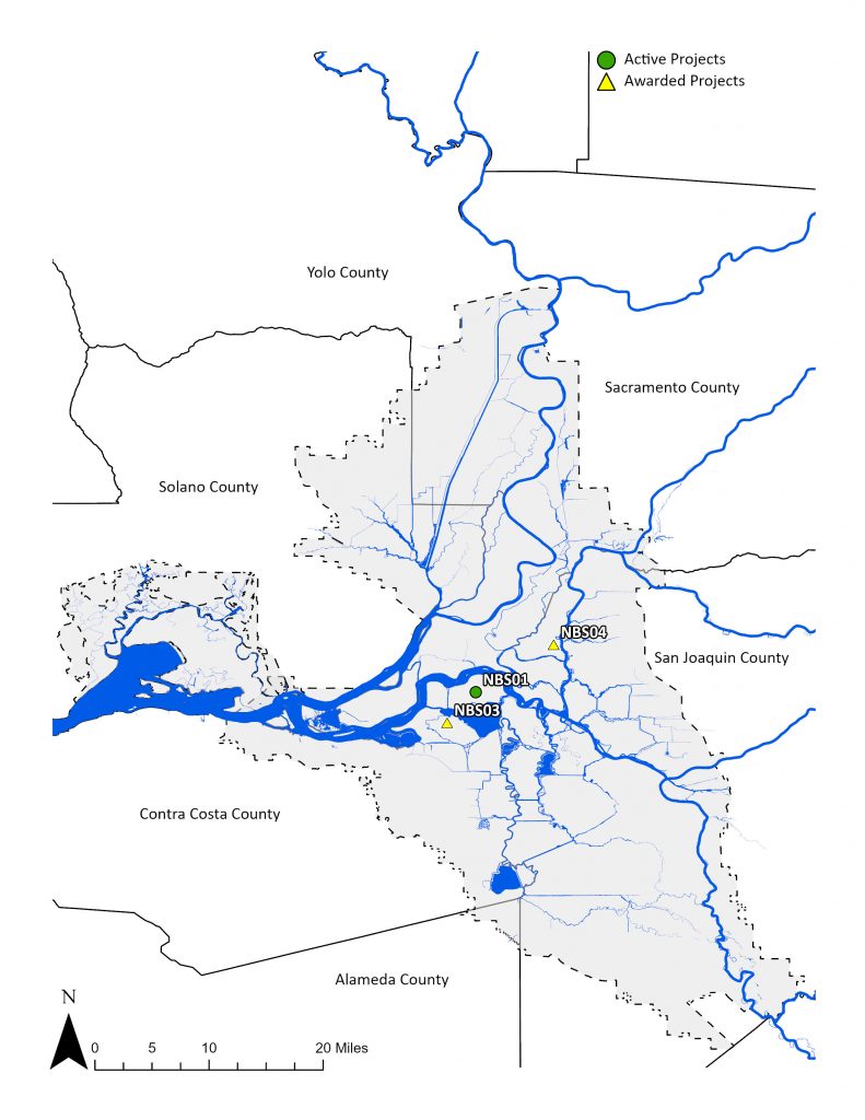 Map shows the locations of projects through the Sacramento-San Joaquin Delta Conservancy’s Nature Based Solutions funding within the Legal Delta and Suisun Marsh. Major waterways such as the Suisun Bay, Sacramento River, and San Joaquin River are shown in blue.