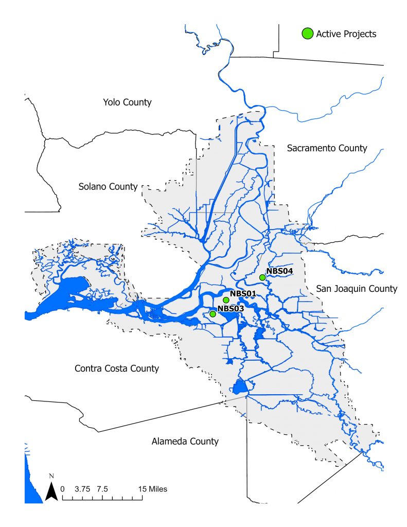 Map shows the locations of projects through the Sacramento-San Joaquin Delta Conservancy’s Nature Based Solutions funding within the Legal Delta and Suisun Marsh. Major waterways such as the Suisun Bay, Sacramento River, and San Joaquin River are shown in blue.