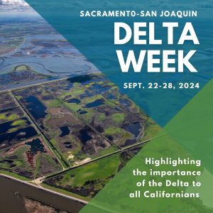 Graphic featuring an aerial view of the Sacramento-San Joaquin Delta, showing its waterways, agricultural fields, and wetlands. The design includes a diagonal overlay in translucent blue and green hues on the right side with text that reads: Sacramento-San Joaquin Delta Week; September 22-28, 2024; Highlighting the importance of the Delta to all Californians.