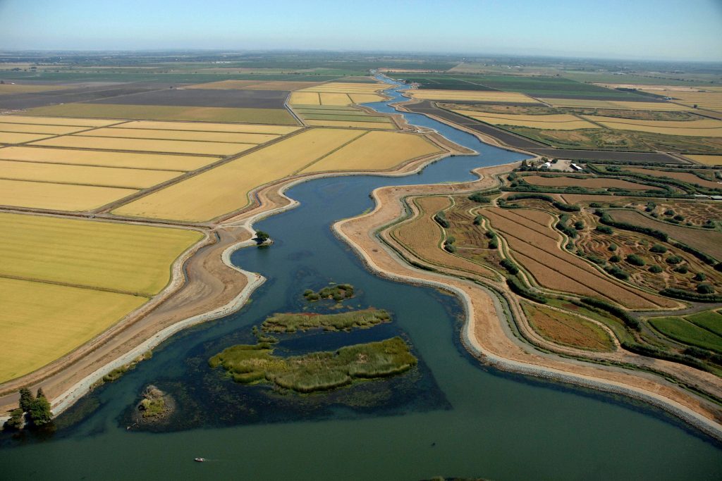 Aerial view of farmland and waterways in the Sacramento-San Joaquin Delta