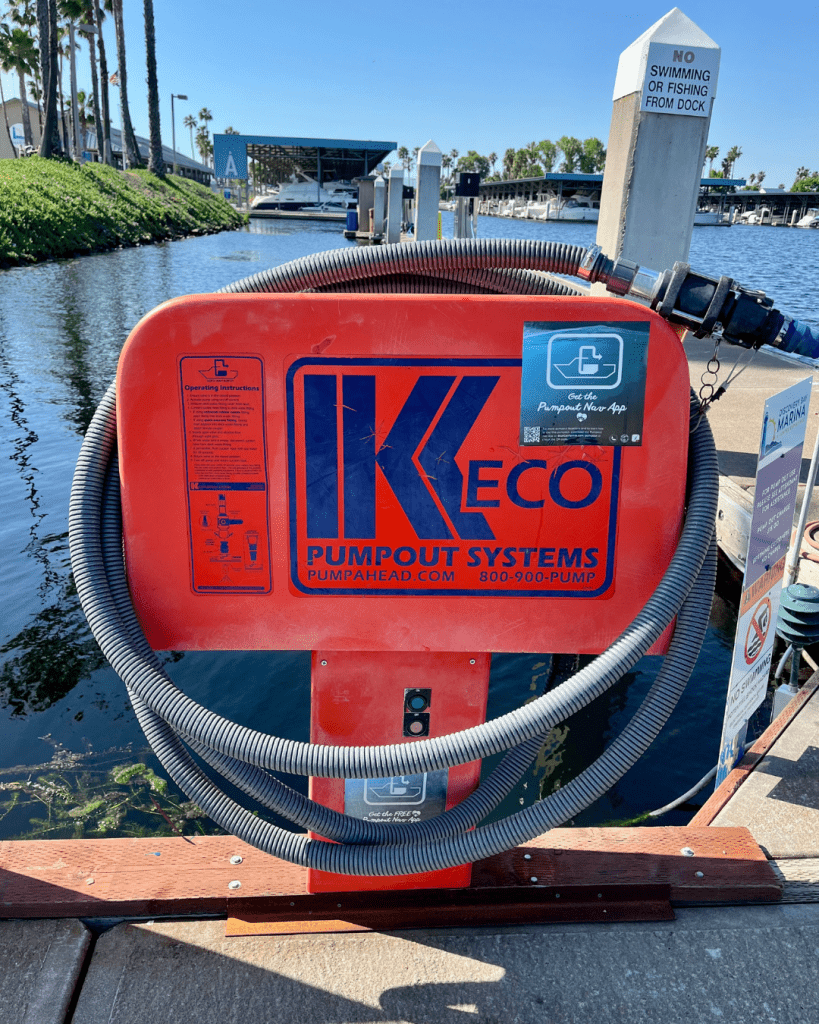 An orange pumpout station at a marina in the Delta.