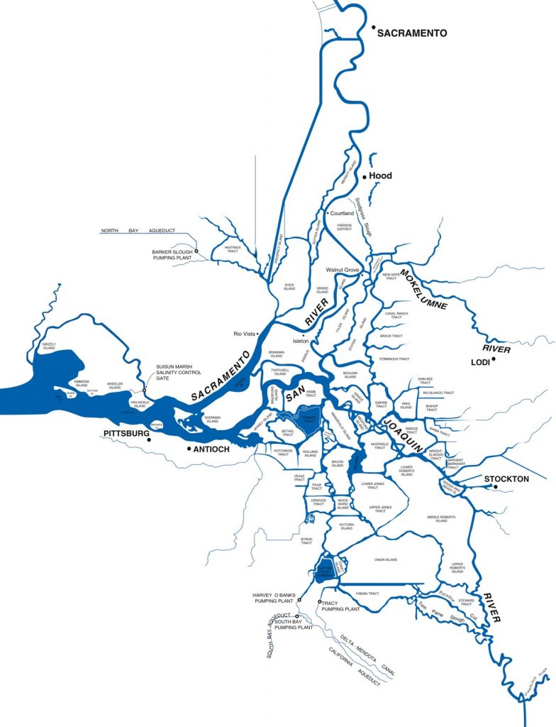 A map of the Sacramento-San Joaquin Delta. Cities and islands are labeled, and waterbodies are shown in blue.