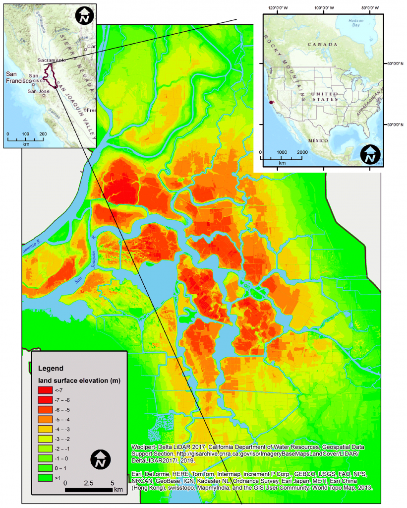 A heat map that sows subsidence levels throughout the Sacramento-San Joaquin Delta.