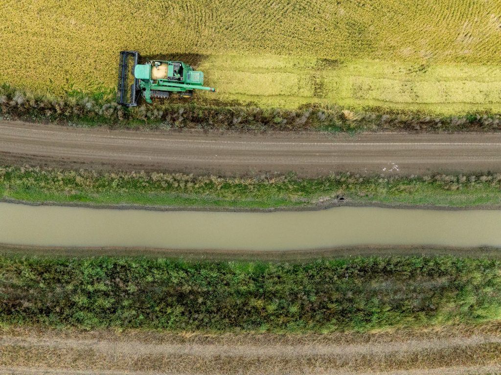 An aerial view of a tractor in a rice field adjacent to a road and body of water.