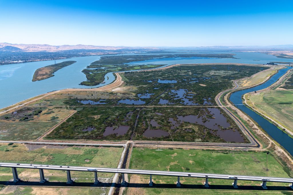 An aerial view of a bridge within the Sacrament-San Joaquin Delta