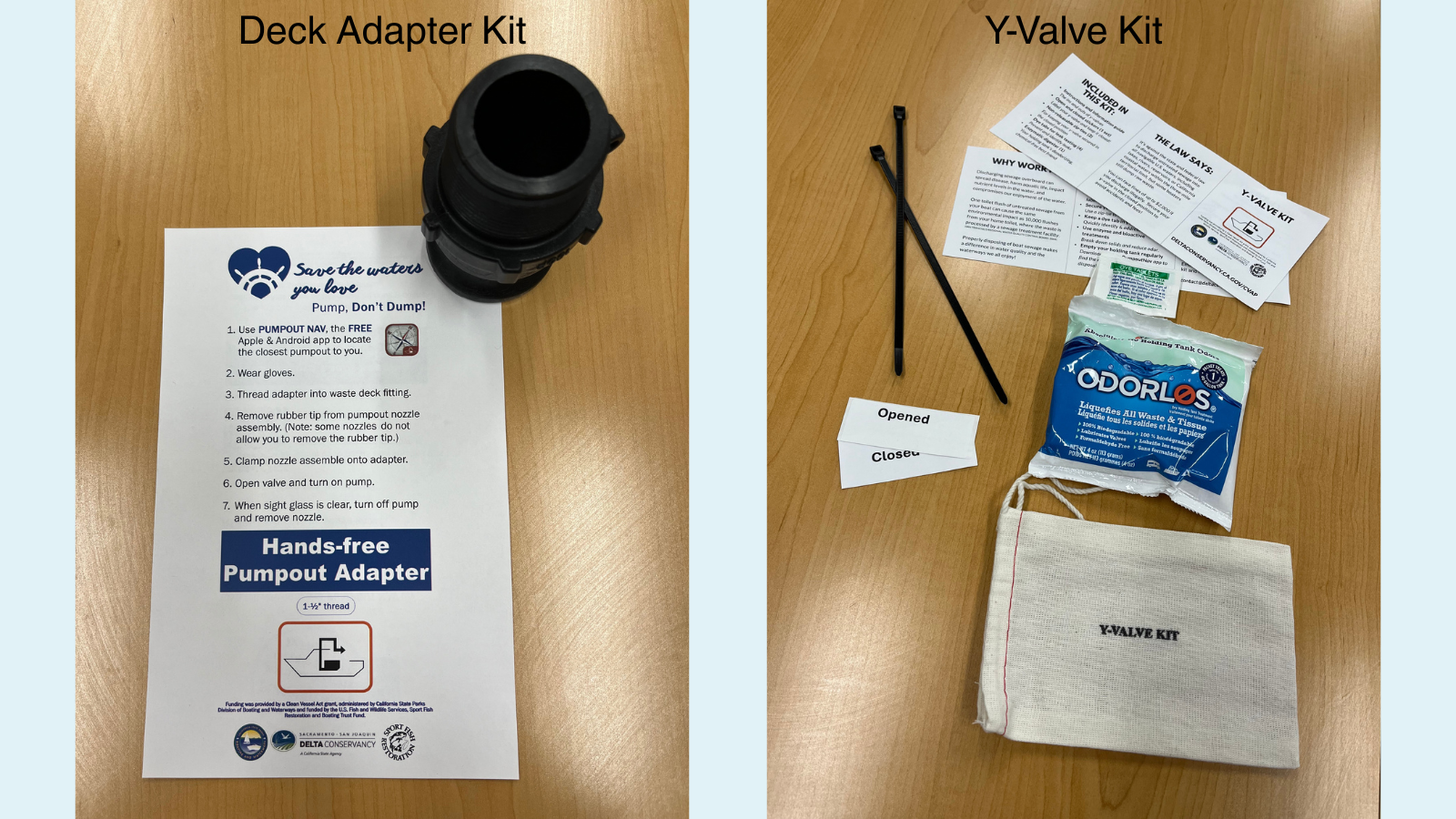 Images of the deck adapter and Y-valve kits available through the Conservancy's Clean Vessel Act Program. Deck adapters are available in 1.25” and 1.5” diameters and include instructions and disposable gloves. Y-valve kits include instructions and an information guide, opened and closed stickers, non-releasable zip-ties, dye tabs for leak detection, and an enzymatic digester.
