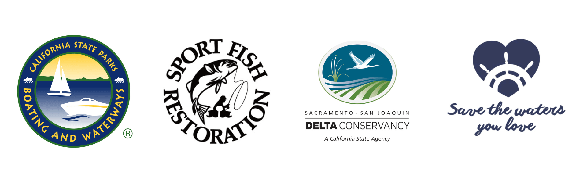 Logos for California State Parks Division of Boating and Waterways; U.S. Fish and Wildlife Services, Sport Fish Restoration and Boating Trust Fund; Sacramento-San Joaquin Delta Conservancy; and Save the Waters You Love